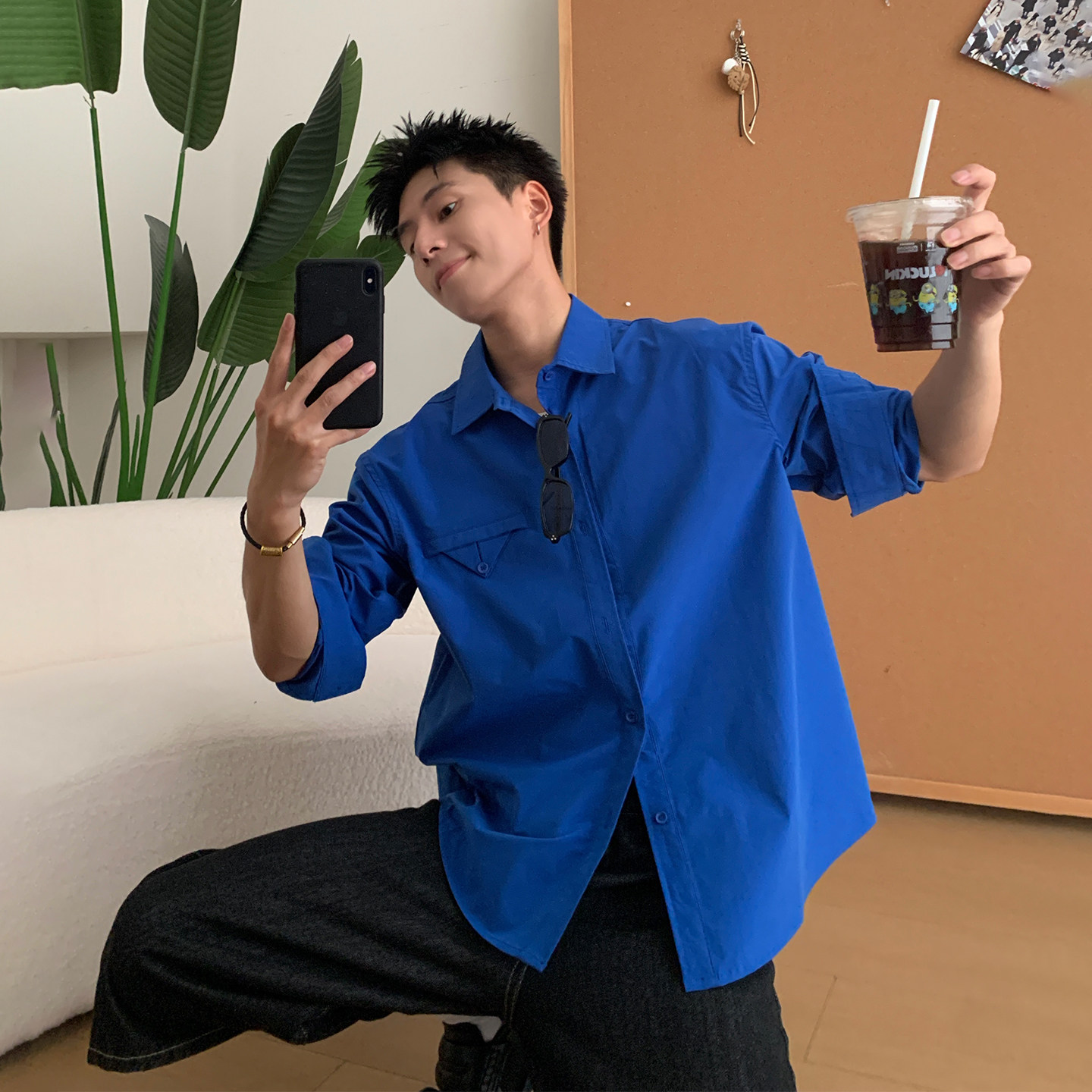 Holocene美式潮牌休闲慵懒风长袖衬衫男宽松舒适纯色防晒衬衣夏季