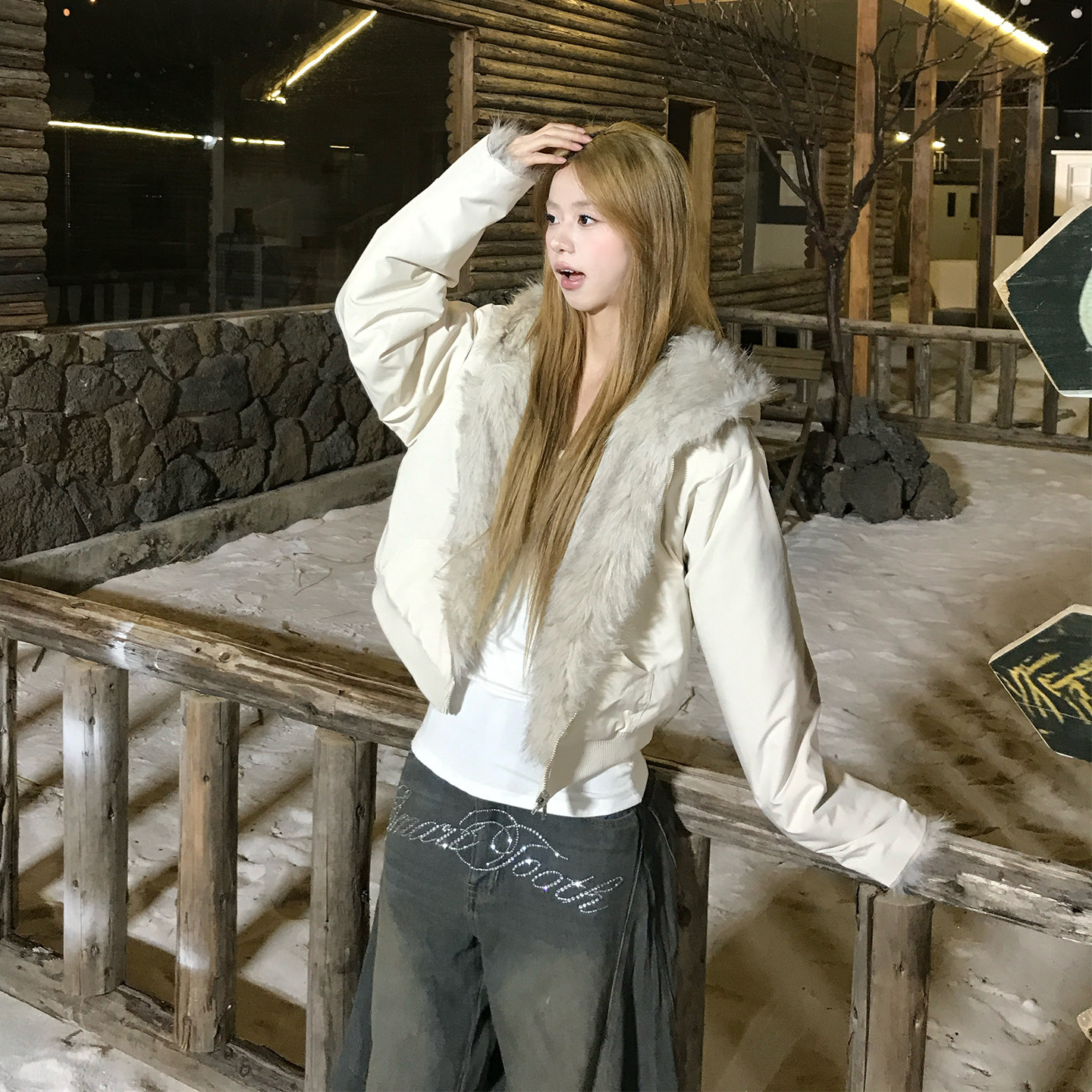 Holocene美式潮牌辣妹风毛绒拼接连帽夹克女冬季短款加厚保暖外套