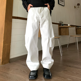 弯刀设计感休闲裤 褶皱弧形情侣阔腿裤 潮牌镰刀牛仔裤 Holocene美式