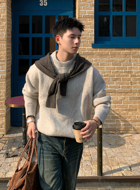 Holocene美式潮牌复古圆领假两件毛衣男冬季厚款老钱风外搭针织衫