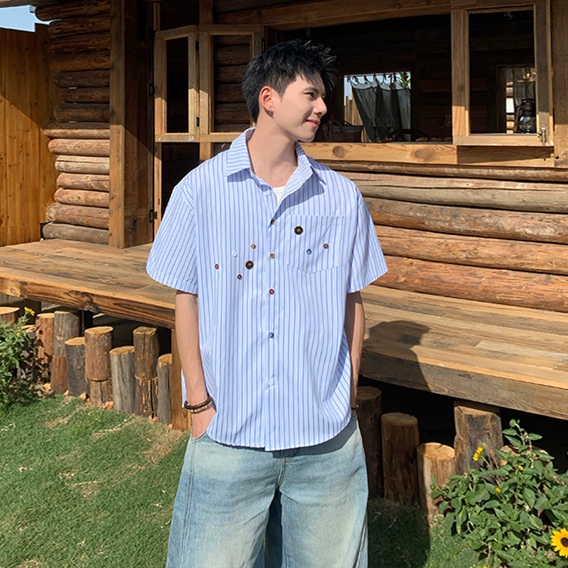 Holocene美式潮牌蓝色竖条纹衬衫彩色纽扣设计情侣设计感短袖衬衣