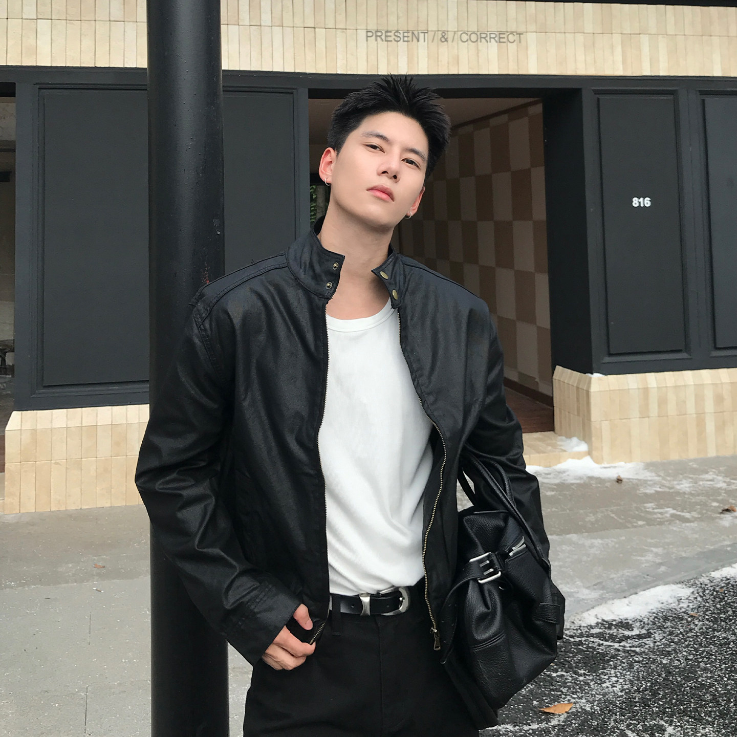 Holocene男士机车油蜡立领夹克