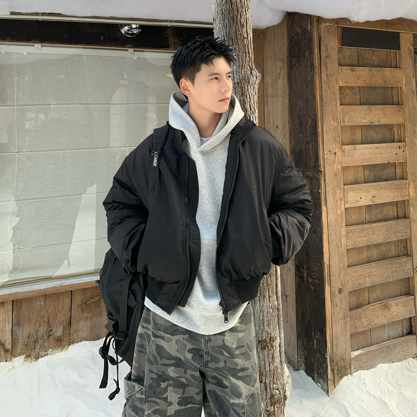 Holocene美式潮牌飞行员夹克纯色棉衣冬季简约百搭情侣款短款棉服