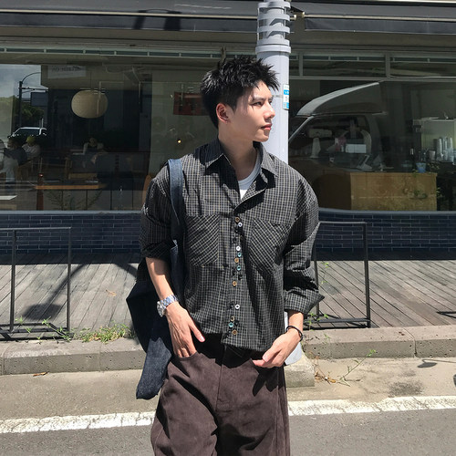 Holocene潮牌格纹长袖衬衫男