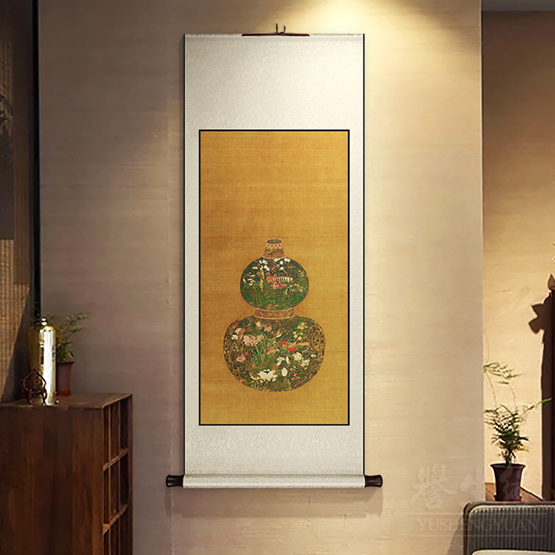 葫芦花瓶图福禄中式覆古卷轴挂画 画玄关走廊过道装饰画 画饭厅书