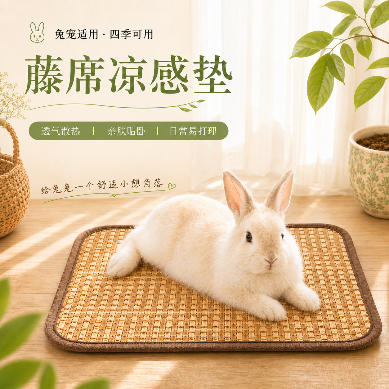 兔子凉席夏季降温冰垫侏儒兔荷兰猪龙猫专用藤编睡窝冰凉趴趴垫子