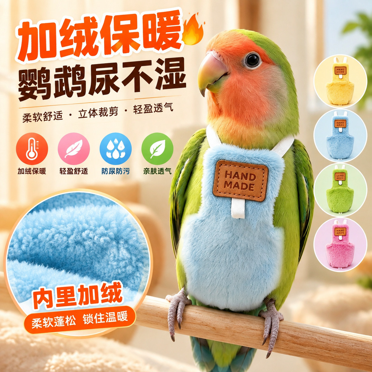 鹦鹉鸟用秋冬季尿不湿按扣款立体无侧缝毛绒款牡丹虎皮屎尿兜尿裤