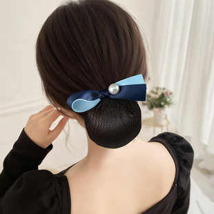 2025新款头花女职业盘发网兜护士空姐银行珍珠发夹带网兜工作发饰