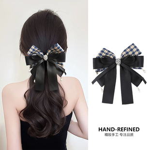 复古黑白千鸟格珍珠头饰新款山茶花蝴蝶结发饰百搭马尾发夹弹簧夹
