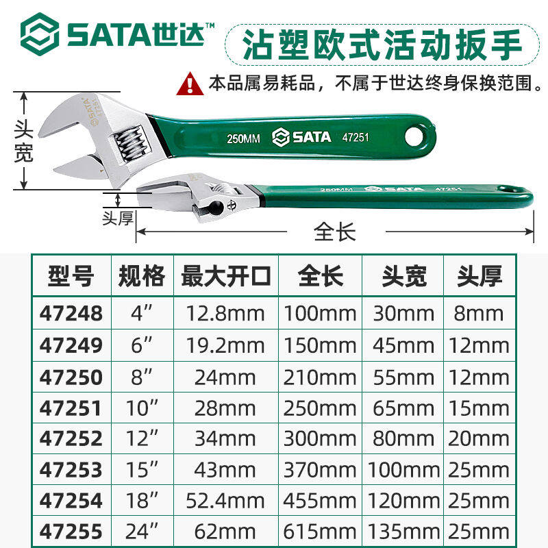 活动扳手大开口4寸8寸12寸扳子迷你多功能小板手工具47248沾塑款4