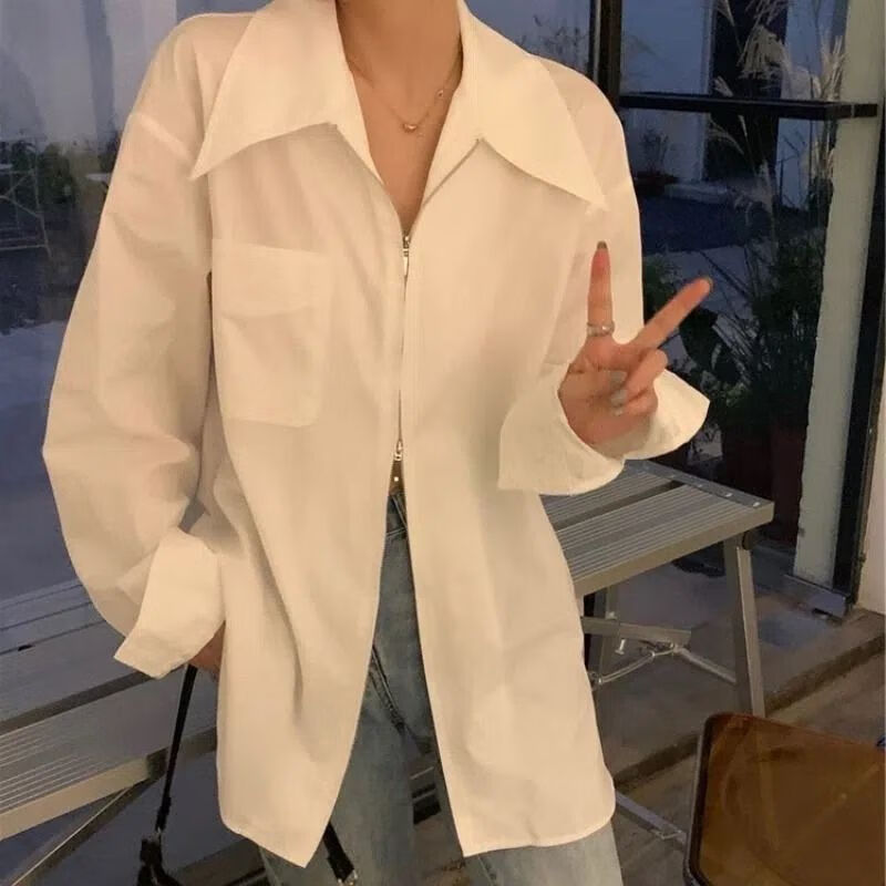 冰吾双拉链白色衬衫女2023秋季韩版早秋初秋外穿长袖中长款衬衣服