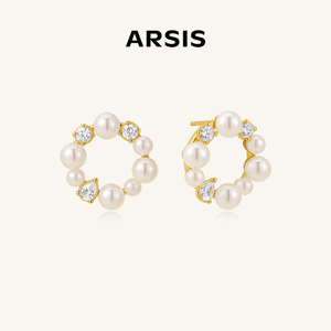 ARSIS纯银纯真年代花冠耳钉S925银镶嵌珍珠锆石精致法式耳饰新款