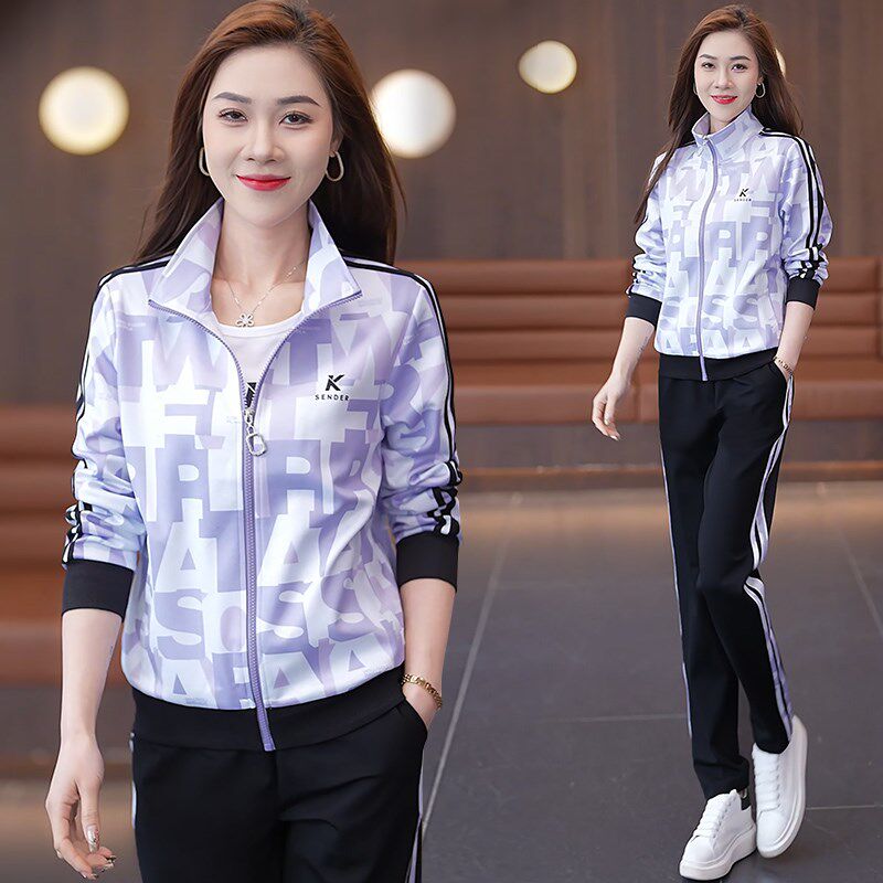 迈耐克斯运动服套装女春秋2025新款时尚韩版大码洋气印花色三件套