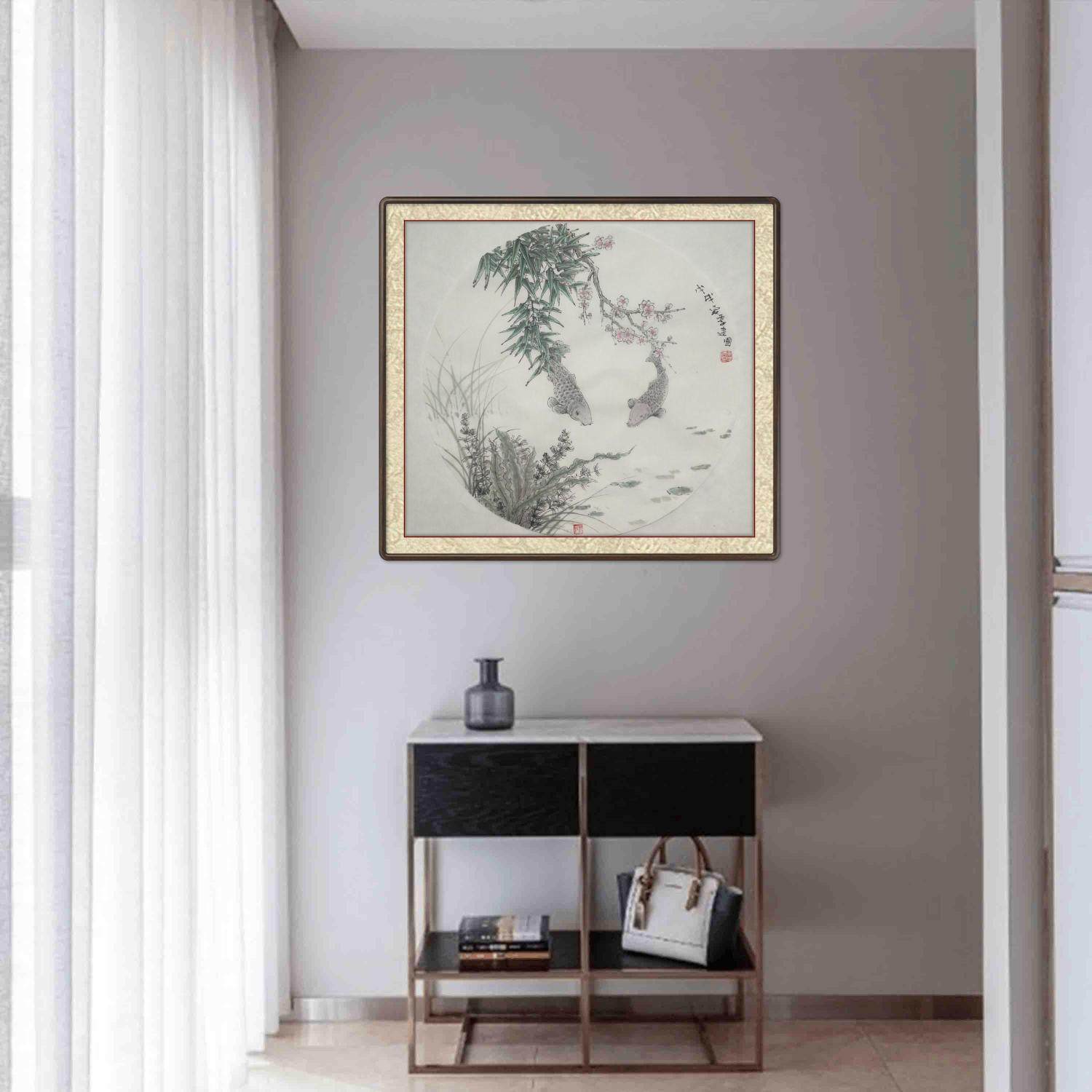 国画花鸟画斗方圆卡新中式禅意手绘水墨纸本装饰画池塘系列游鱼04