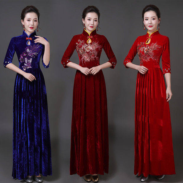 2025新款丝绒合唱演出服长裙女中老年大合唱服装S指挥服合唱服装