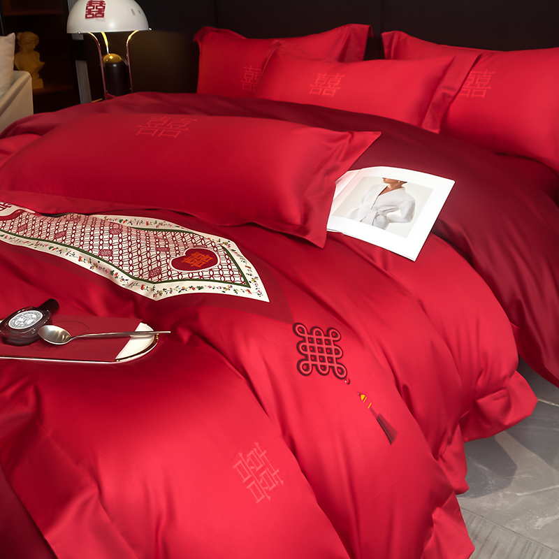 北欧轻奢结婚四件套大红色陪嫁床单被套高档婚房喜被婚庆床上用品