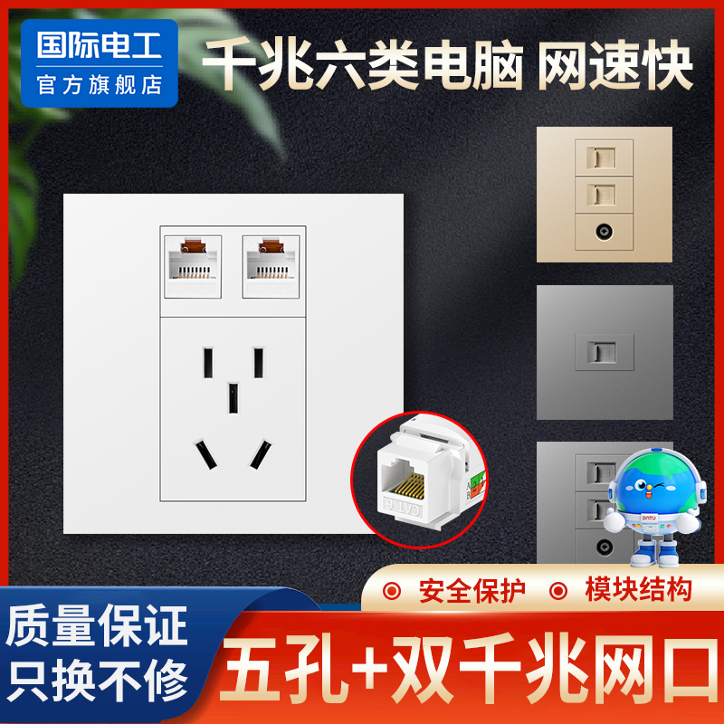 国际电工五孔网络插座面板千兆