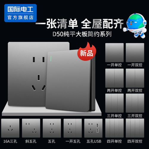 国际电工五孔带开关插座面板