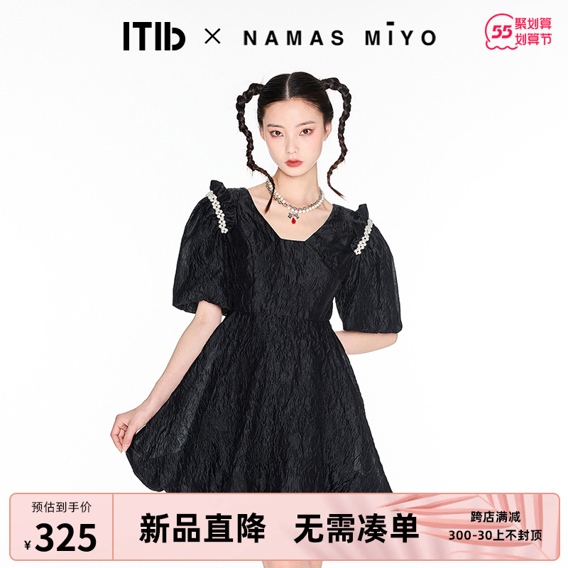 ITIB×NAMAS MIYO设计师联名款 高腰暗纹提花泡泡袖连衣裙女夏款