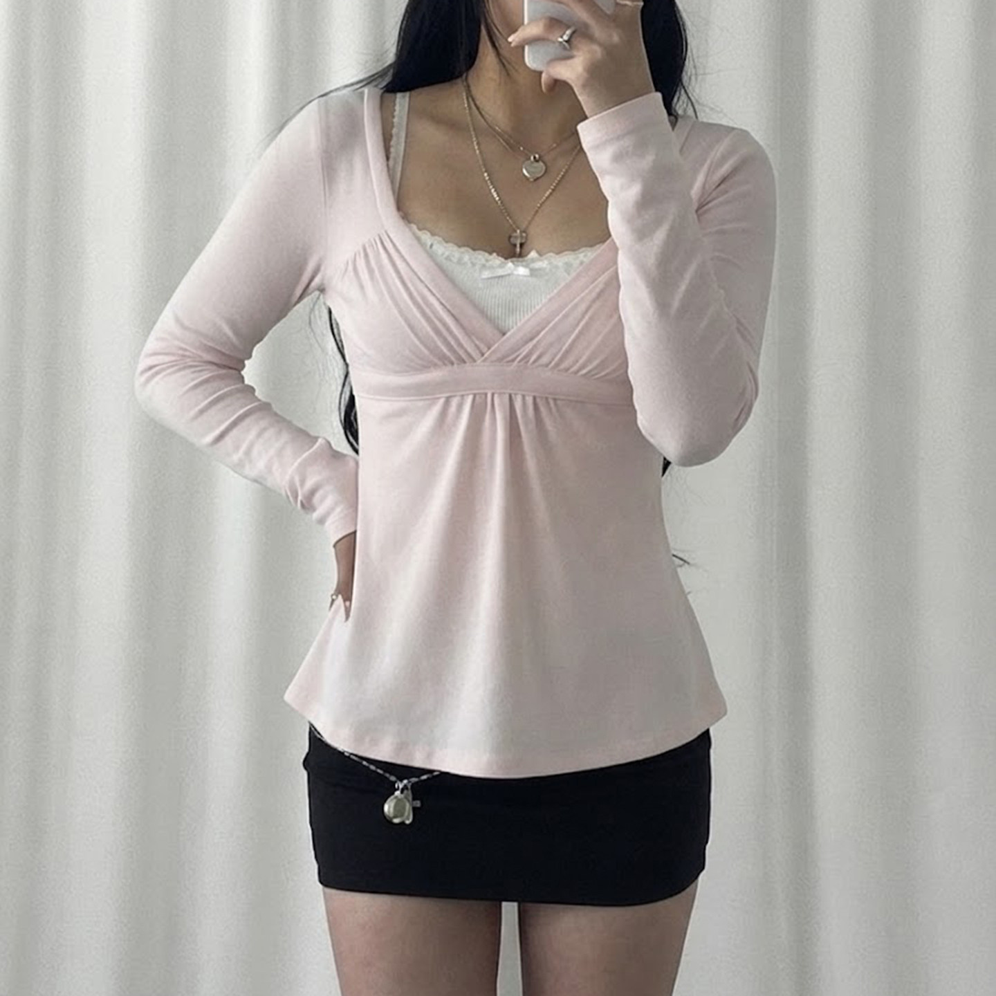 IAEY法式甜美少女性感低胸V领长袖T恤早秋系带收腰A摆娃娃衫上衣