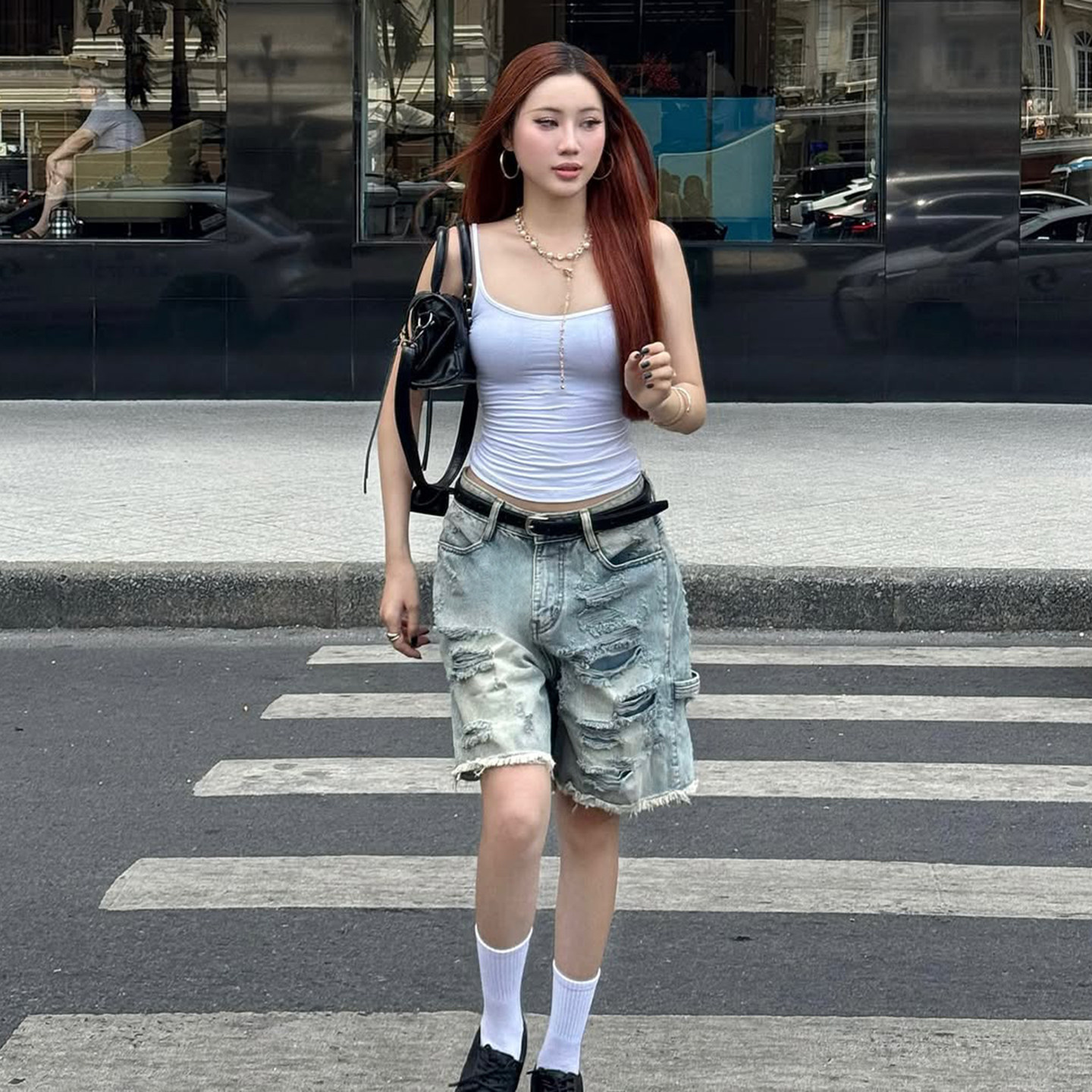 IAEY欧美INS街头风洗水做旧破洞牛仔短裤夏季五分裤宽松直筒裤潮