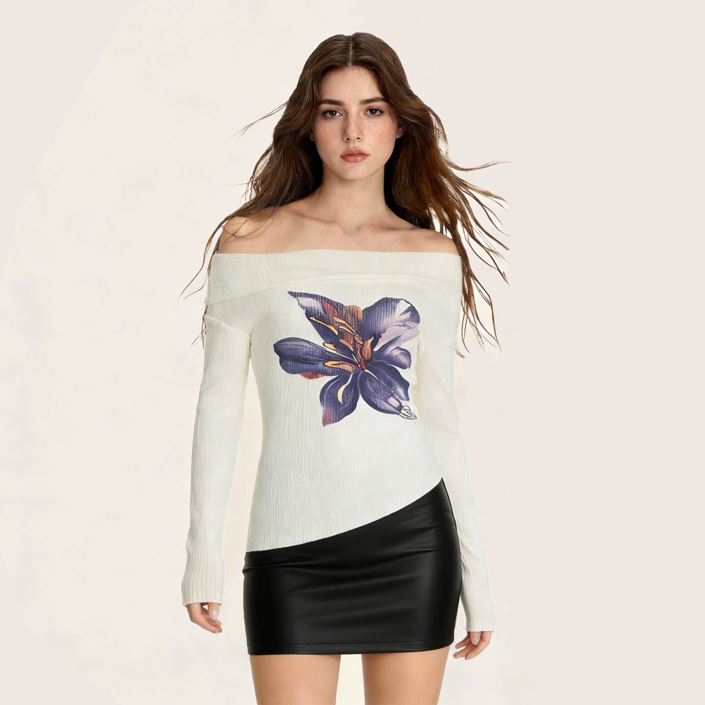 IAEY千禧辣妹一字肩紫色花卉印花长袖上衣早春翻领露肩针织衫上衣