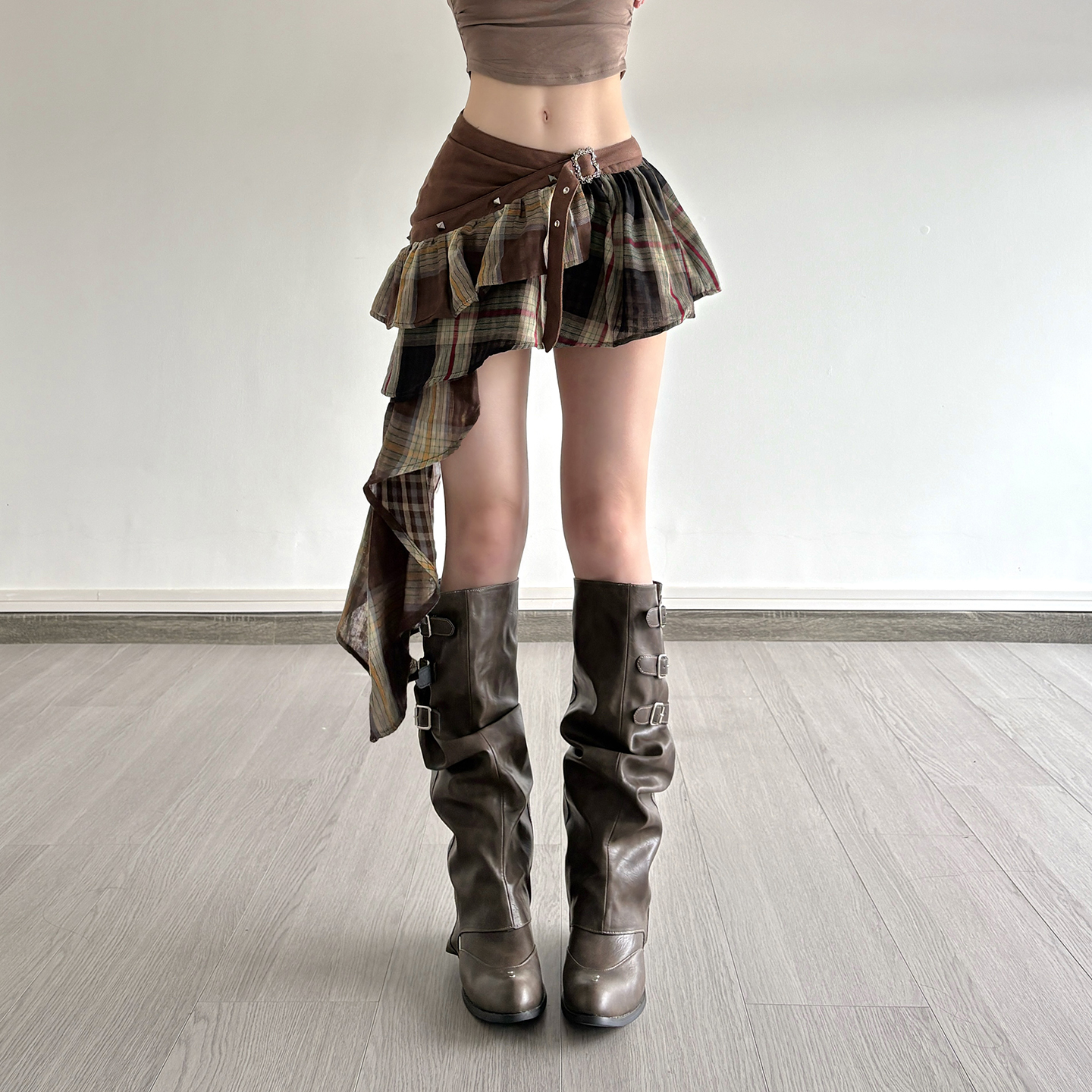 IAEY嬉皮少女~废土风撞色拼接低腰半身裙荷叶边飘带A字裙棕色短裙
