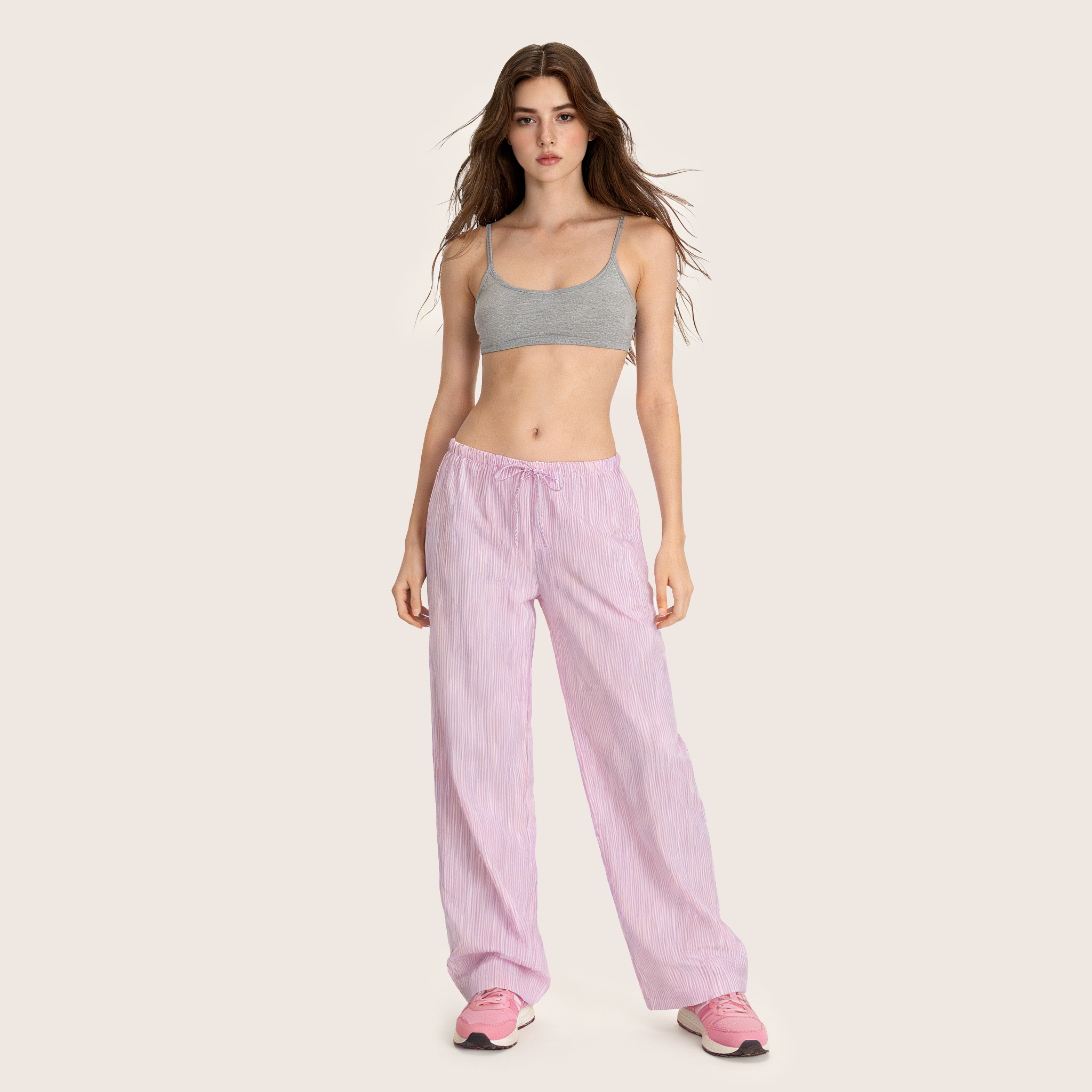 IAEY法式甜辣少女粉色抽绳系带条纹休闲裤2026新款百搭直筒长裤潮,女装/女士精品,休闲裤,淘宝优惠券,粉丝福利购,淘宝优惠卷