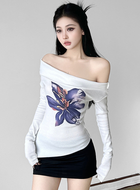 IAEY千禧辣妹一字肩紫色花卉印花长袖上衣早春翻领露肩针织衫上衣