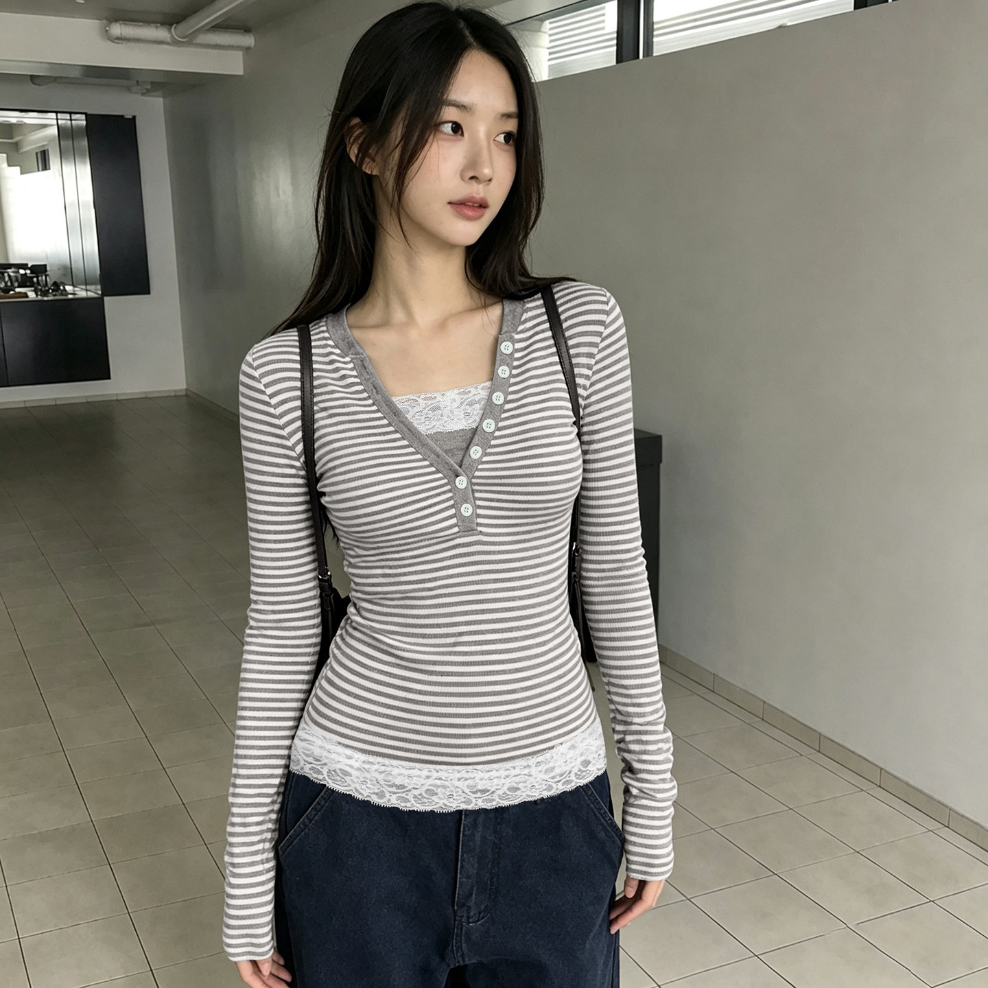 IAEY千禧Y2K辣妹灰色条纹纽扣V领长袖T恤蕾丝花边假二件纯欲上衣