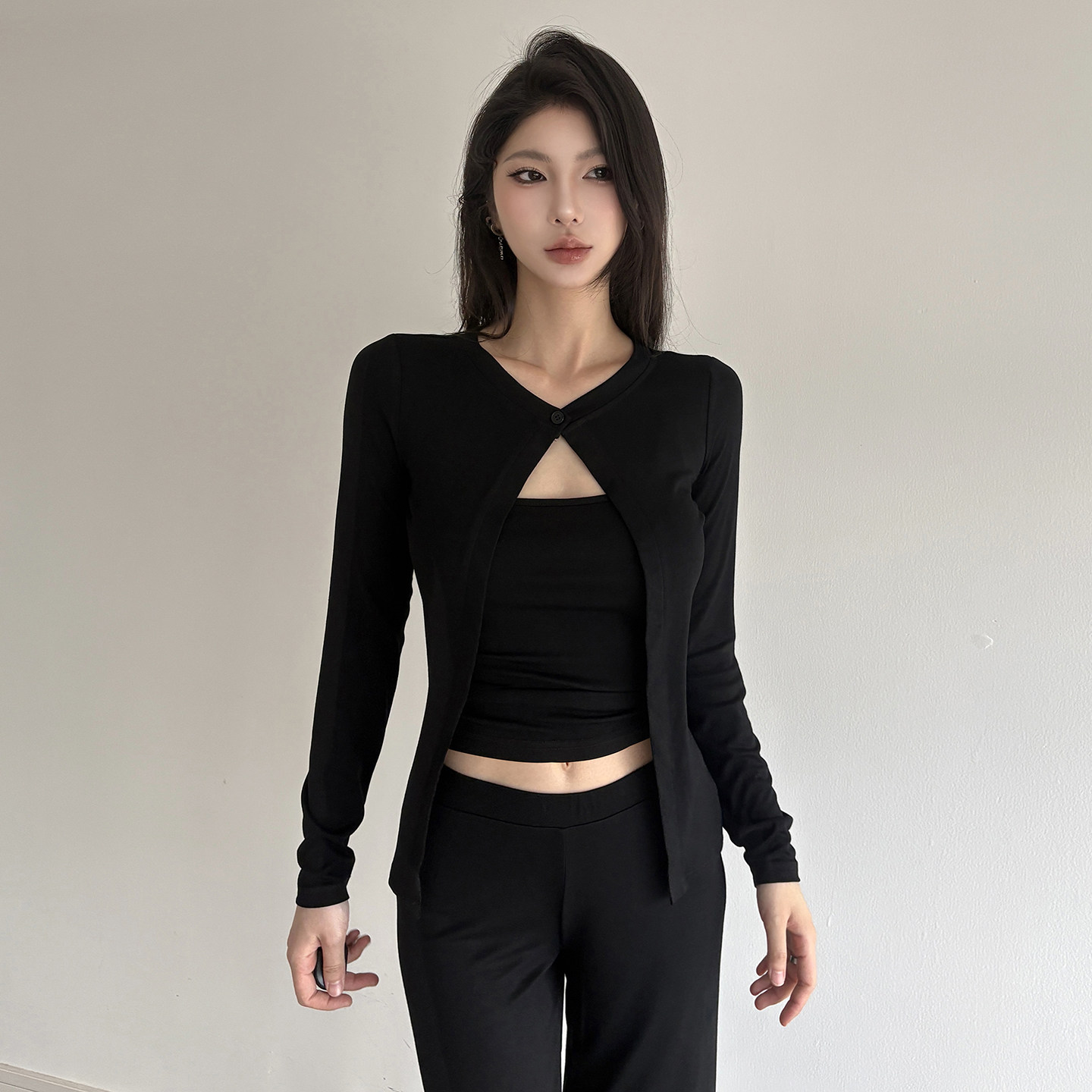 IAEY欧美风街头辣妹黑色长袖圆领纽扣开衫上衣秋冬百搭修身罩衫潮