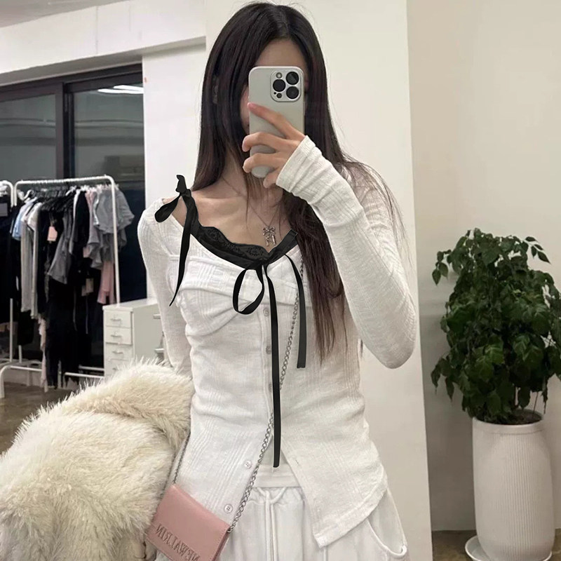 IAEY港风chic甜美少女蕾丝假二件长袖T恤撞色百搭显瘦系带上衣潮