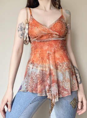 IAEY法式度假风橙色复古花卉网纱吊带背心夏季性感辣妹微透打底衫