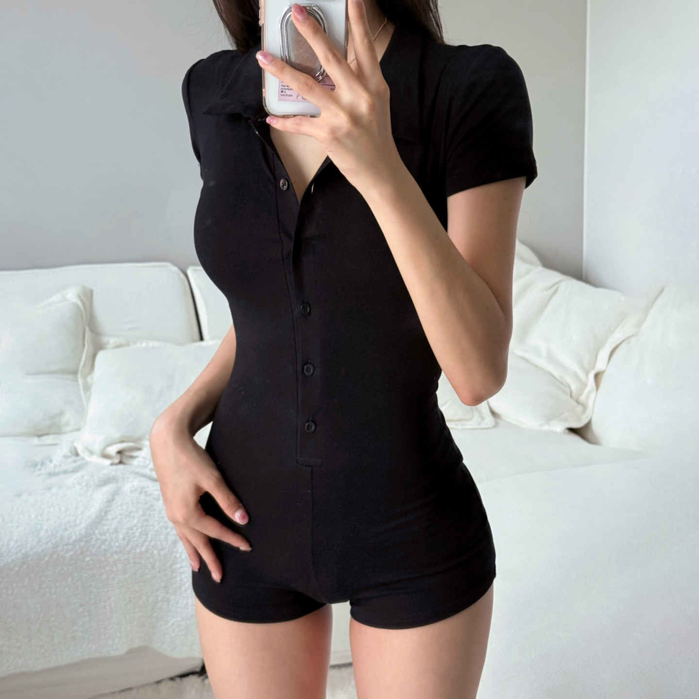 IAEY欧美复古辣妹Polo领排扣黑色连体短裤性感百搭显瘦运动打底裤