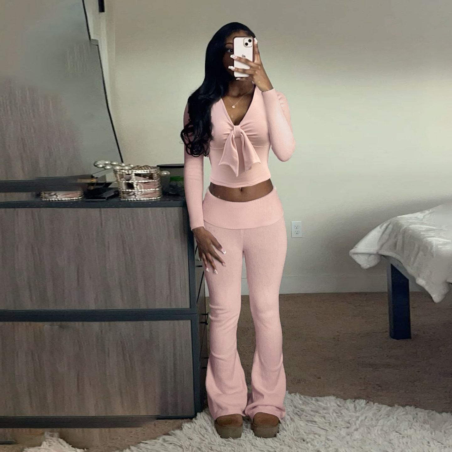 IAEY欧美INS风辣妹蝴蝶结粉色长袖T恤瑜伽套装性感低腰弹力微喇裤