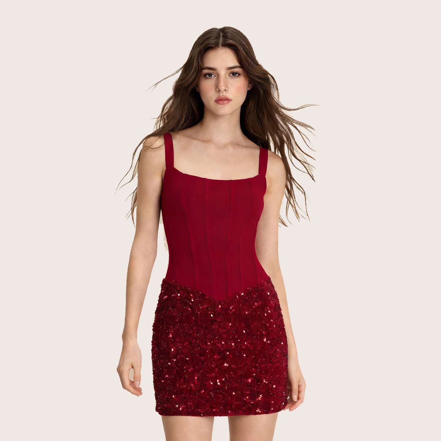 IAEY圣诞风新年战裙~细闪红色亮片拼接吊带连衣裙收腰紧身包臀裙