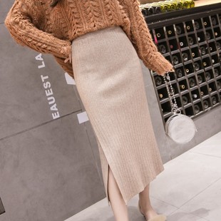 新品 开叉针织半身裙女高腰弹力a字一步裙毛线 包臀裙女秋i冬中长款