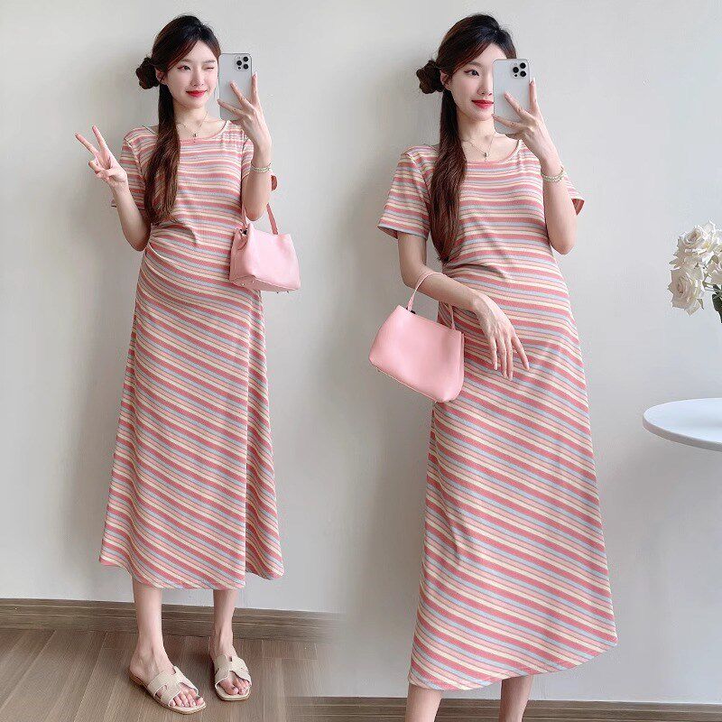 新品孕妇装夏装2025新款u连衣裙夏季短袖t恤裙小个子条纹遮肚显瘦