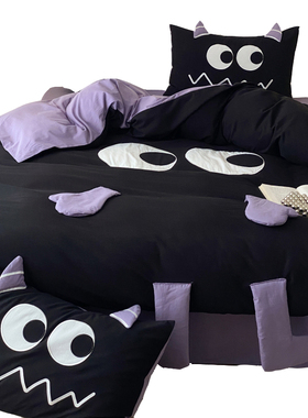 黑色小怪兽卡通全棉水洗棉四件B套被套床单宿舍三件套床上用品