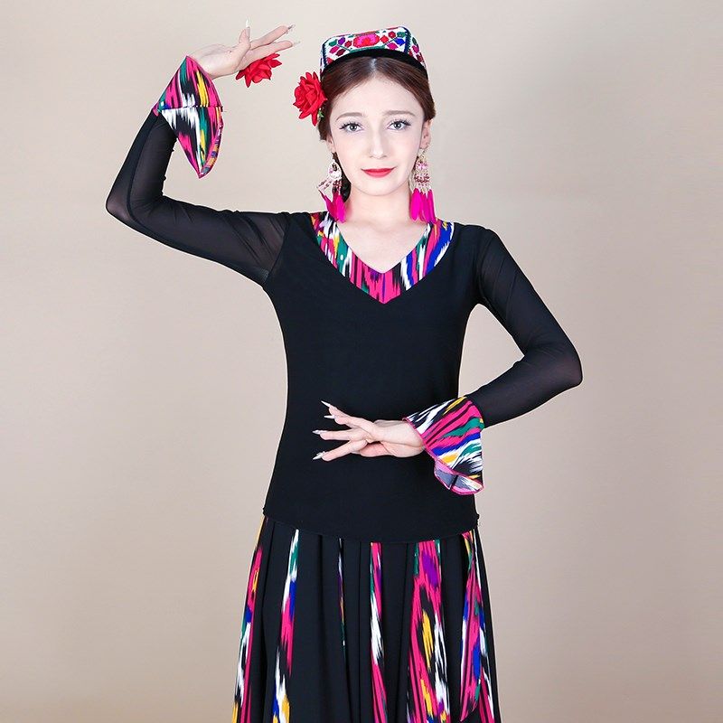 极速新款新疆舞蹈服民族风网纱打底衫广场舞服饰女春秋Y季维族舞