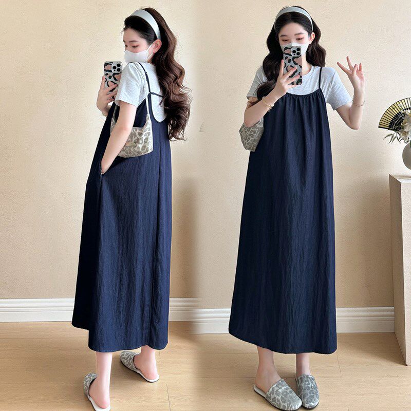 新品孕妇装夏天裙子两件套时尚宽松中长款吊带裙遮V肚休闲怀孕期