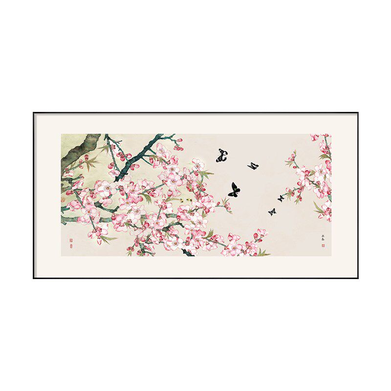 新品新中式古典桃花客厅r装饰画国风寓意好沙发背景墙挂画大气横
