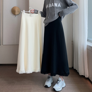 新品 气质毛线半裙遮跨裙子高腰a字 流苏针织半身裙女n秋冬2025新款