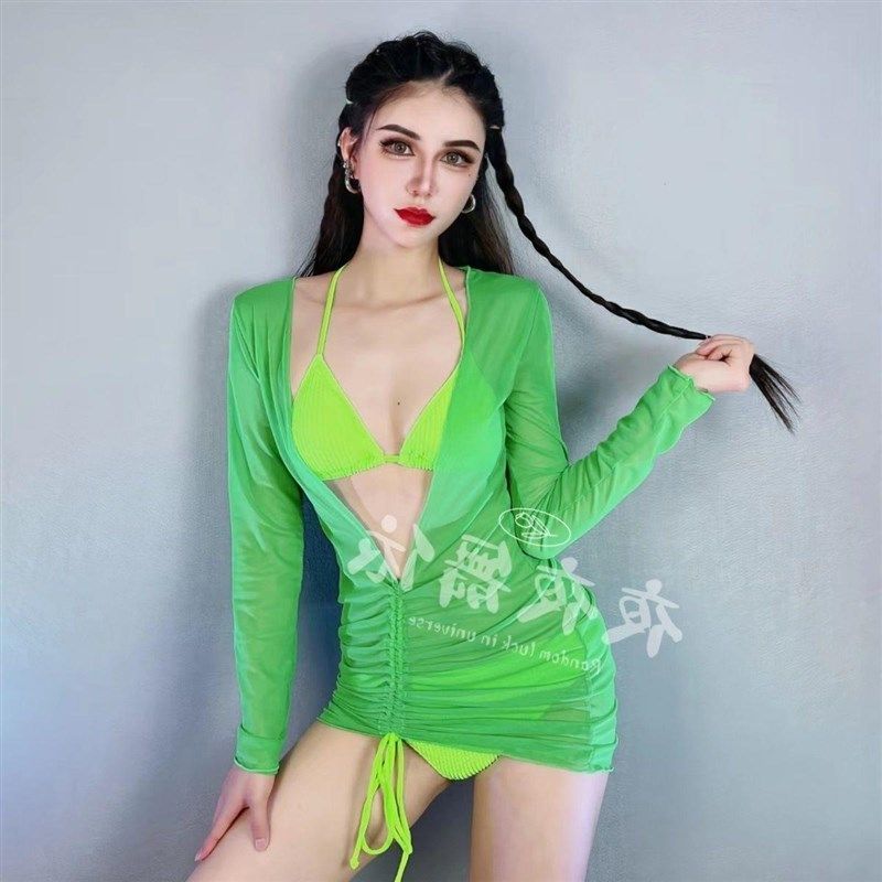 极速新款a酒吧DS演出服夜店gogo派对DJ性感爵士舞比基尼绿网纱透