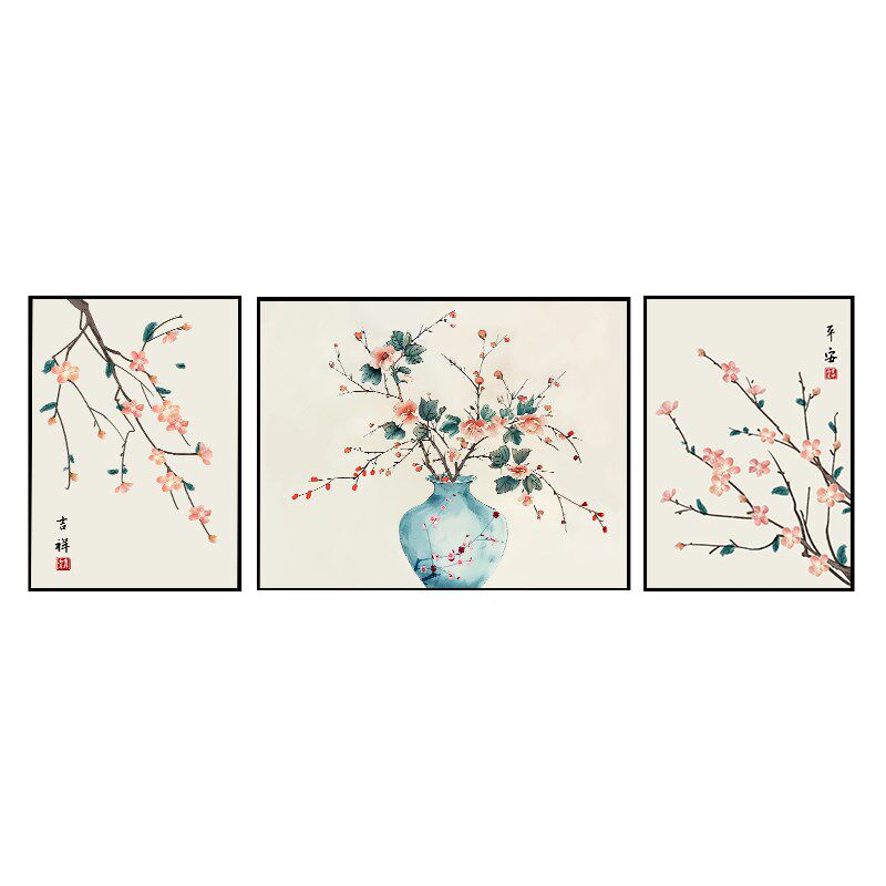 新品新中式桃花客厅装饰画寓意好C三联沙发背景墙挂画平平安安国