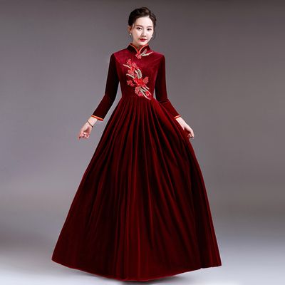 新款大合唱礼服金丝绒演出服x装女长裙成人修身中老年合唱团指挥