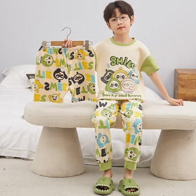 极速2025新款儿童睡衣男童春秋季E纯棉短袖长裤三件套装大童男孩