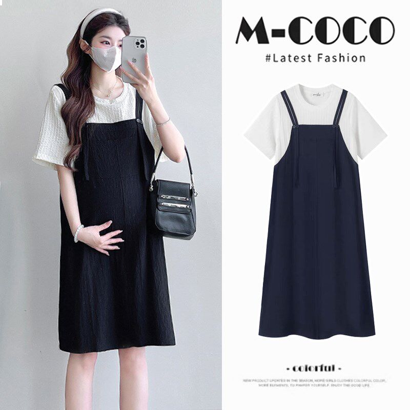 新品孕妇装夏装2025新款连衣裙夏季短H袖T恤背带裙子假两件小个子