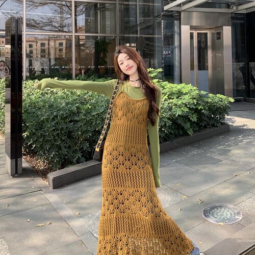 新品休闲套装绿色长袖T恤打底衫C女早春叠穿镂空长裙吊带连衣裙两