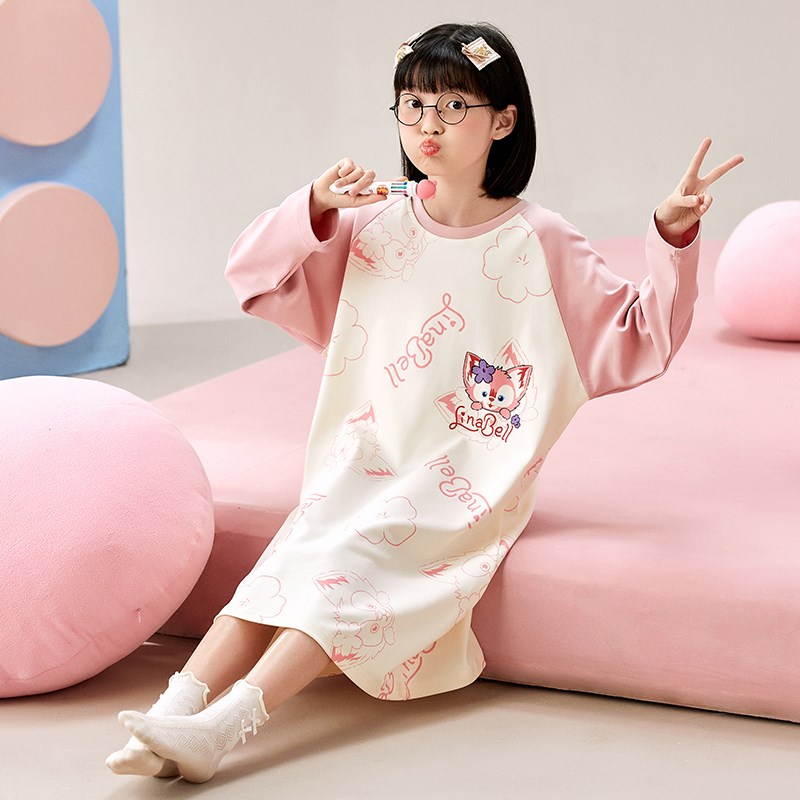极速女童睡裙春秋款纯棉长袖薄款家居服儿童女孩O大童秋季睡衣202
